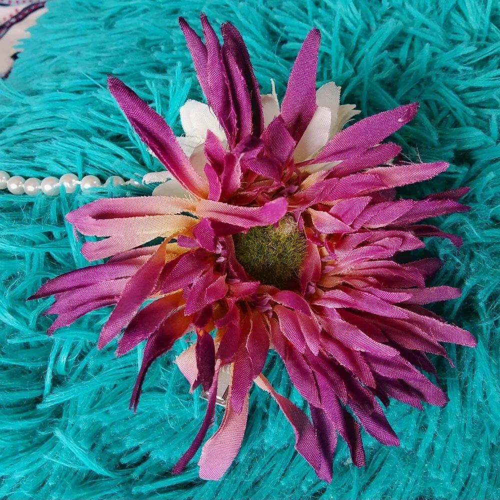 Purple White Floral Hair Clip Pearl Accent Hair Clip